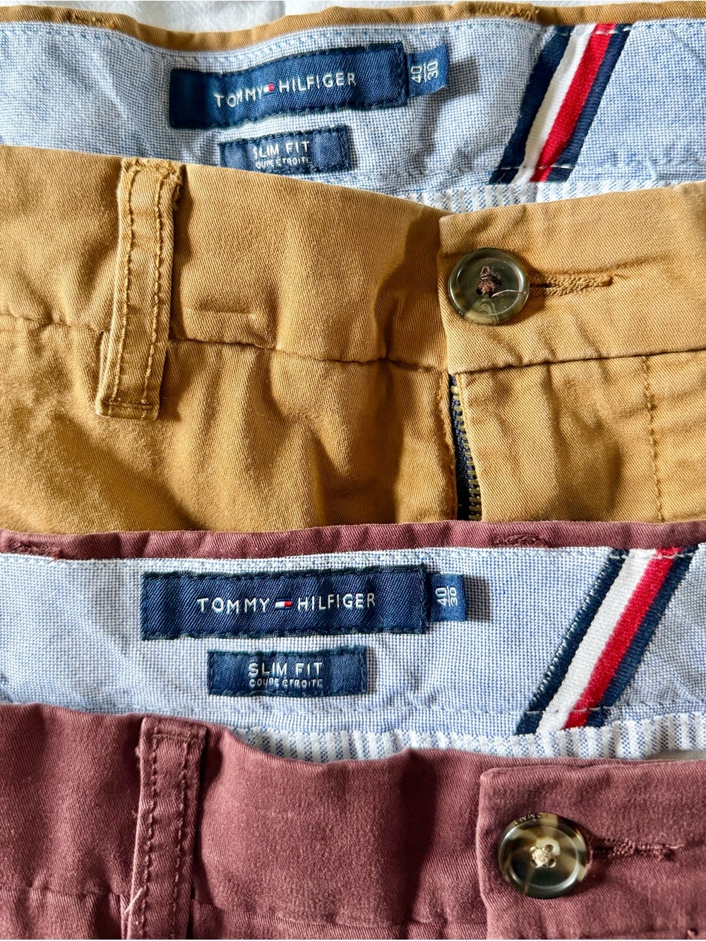 Bundle of 2 Tommy Hilfiger Mens Slim Fit Chinos in Mustard and Burgundy 40x30